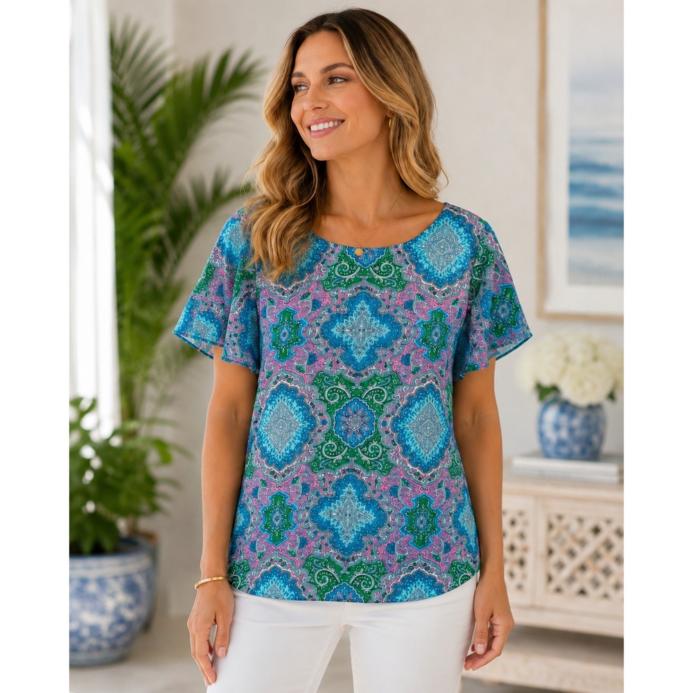 Talbots Paisley Flutter Sleeve Blouse Women's Large Multicolor Side Zip‎